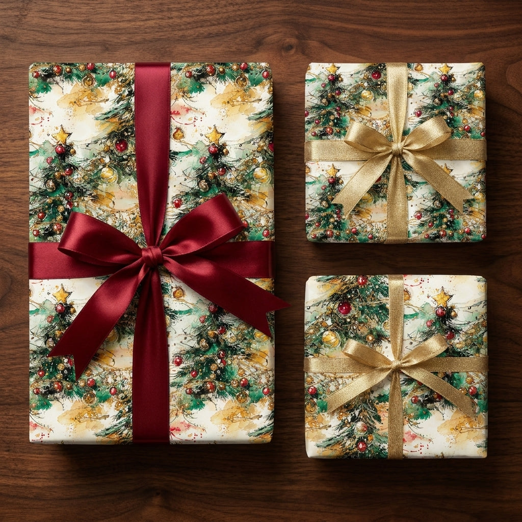 Watercolor Christmas tree wrapping paper with elegant red and gold ribbons by Wrapped Studios.