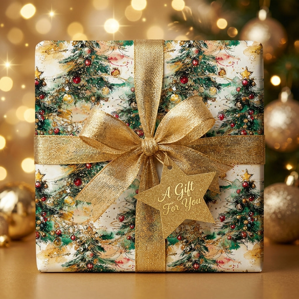 Luxury Christmas gift wrap with watercolor trees, gold bow, and star tag by Wrapped Studios.