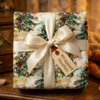 Elegant Christmas gift wrap by Wrapped Studios, featuring watercolor holiday trees and a cream satin bow.