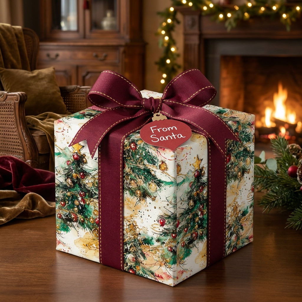 Watercolor Christmas tree wrapping paper with a burgundy ribbon by Wrapped Studios, cozy fireplace background.
