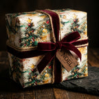 Vintage Christmas wrapping paper with watercolor trees, velvet ribbon, and Noel tag by Wrapped Studios.