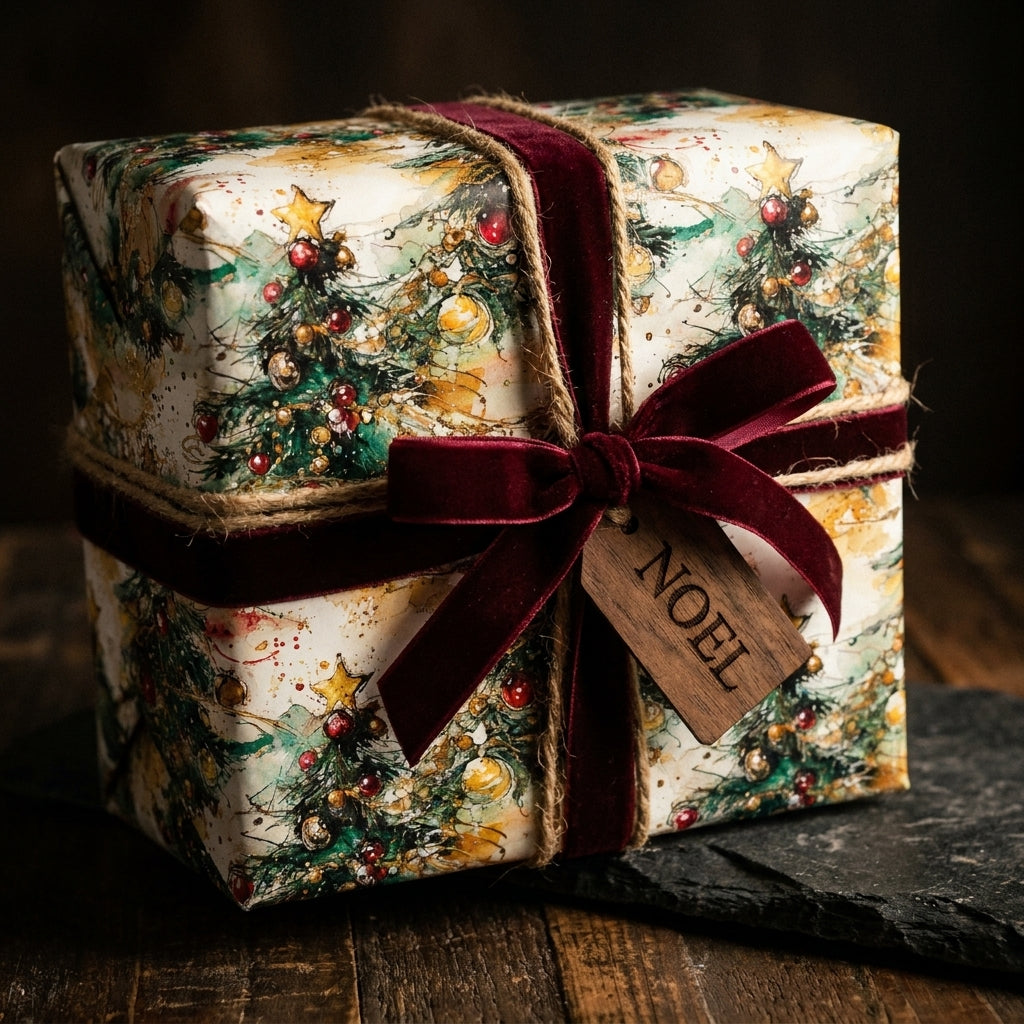 Vintage Christmas wrapping paper with watercolor trees, velvet ribbon, and Noel tag by Wrapped Studios.