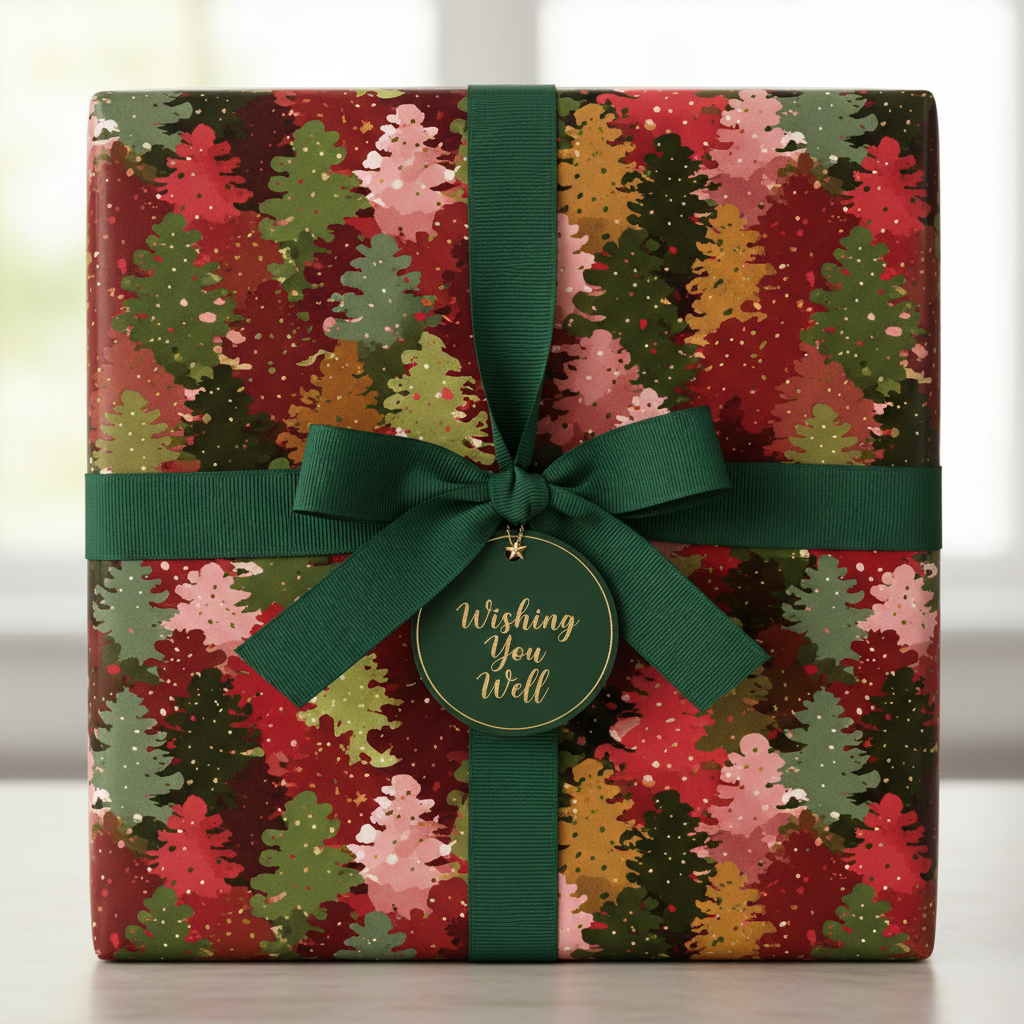 Square gift wrapped in festive Christmas tree print wrapping paper with green ribbon and "Wishing You Well" tag.