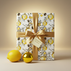 Elegant gift with golden bow and lemon pattern wrapping paper, featuring pinecones and baubles for a festive touch.