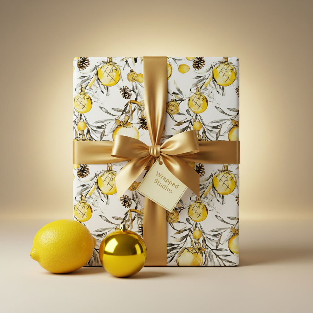 Elegant gift with golden bow and lemon pattern wrapping paper, featuring pinecones and baubles for a festive touch.