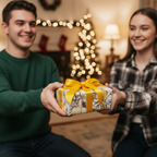 Holiday gift exchange with present wrapped in floral Christmas wrapping paper and bright yellow ribbon.