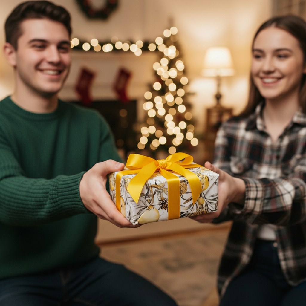 Holiday gift exchange with present wrapped in floral Christmas wrapping paper and bright yellow ribbon.