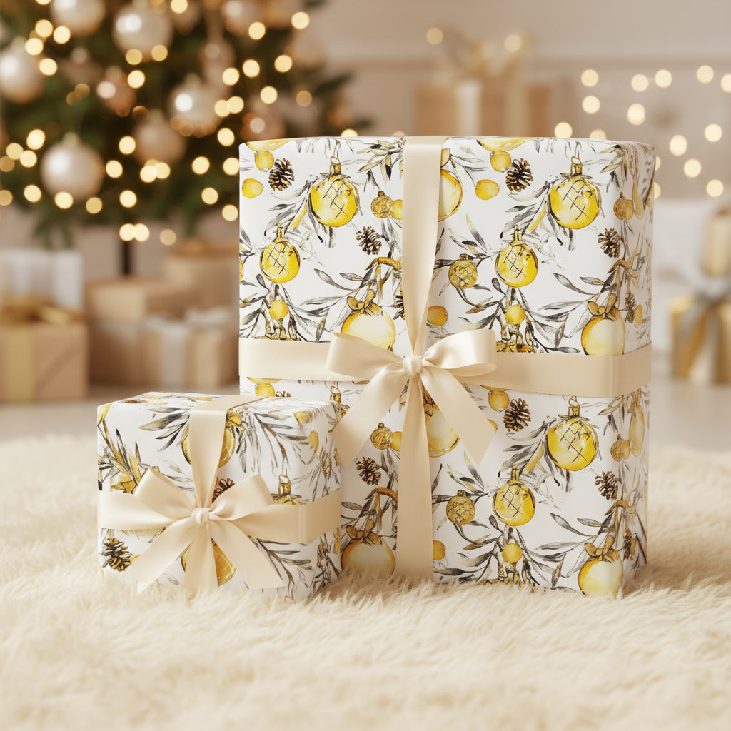 Elegant Christmas gift boxes wrapped in white floral wrapping paper with gold ornament pattern and satin ribbons.