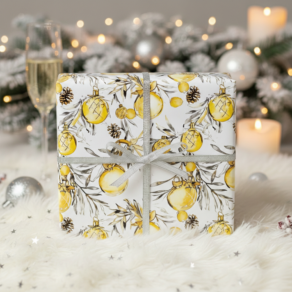 Elegant Christmas gift wrap with gold ornament pattern and silver ribbon on a faux fur backdrop.