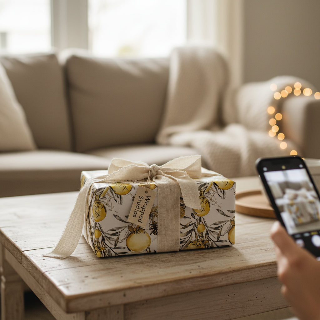 Gift wrapped in lemon floral wrapping paper with rustic linen bow sitting on a wooden table.