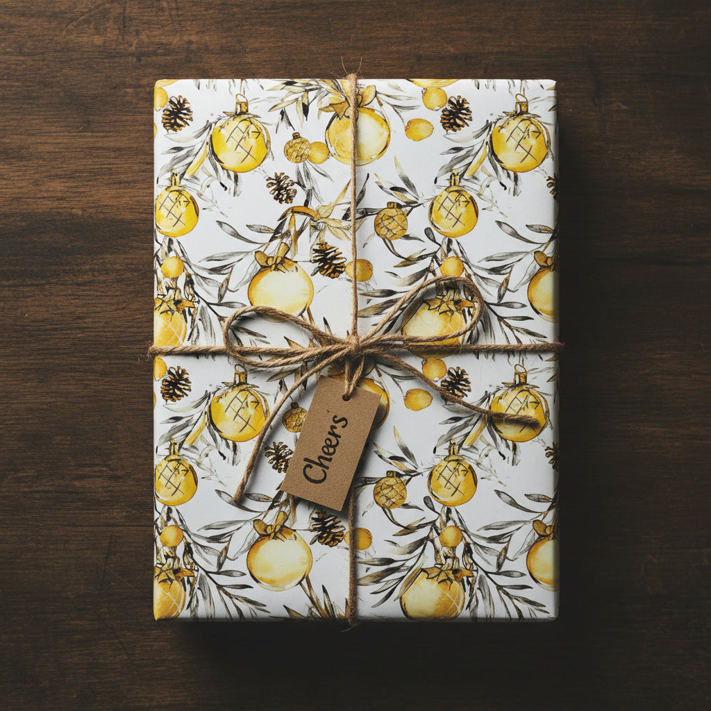 Elegant Christmas gift wrapped in festive gold ornament wrapping paper with a rustic twine bow and a 'Cheers' tag.