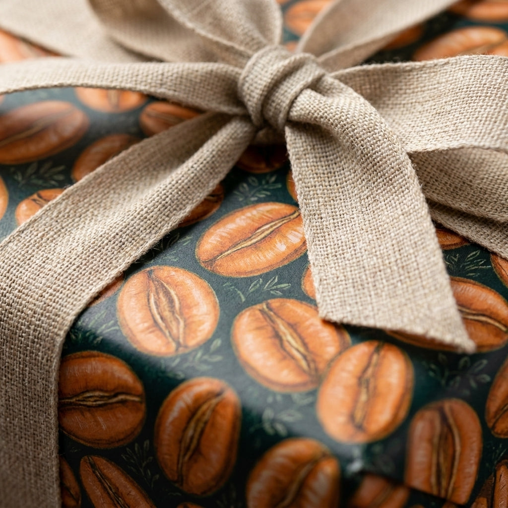 Roasted coffee bean wrapping paper with a natural linen ribbon, rustic gift wrap by Wrapped Studios.