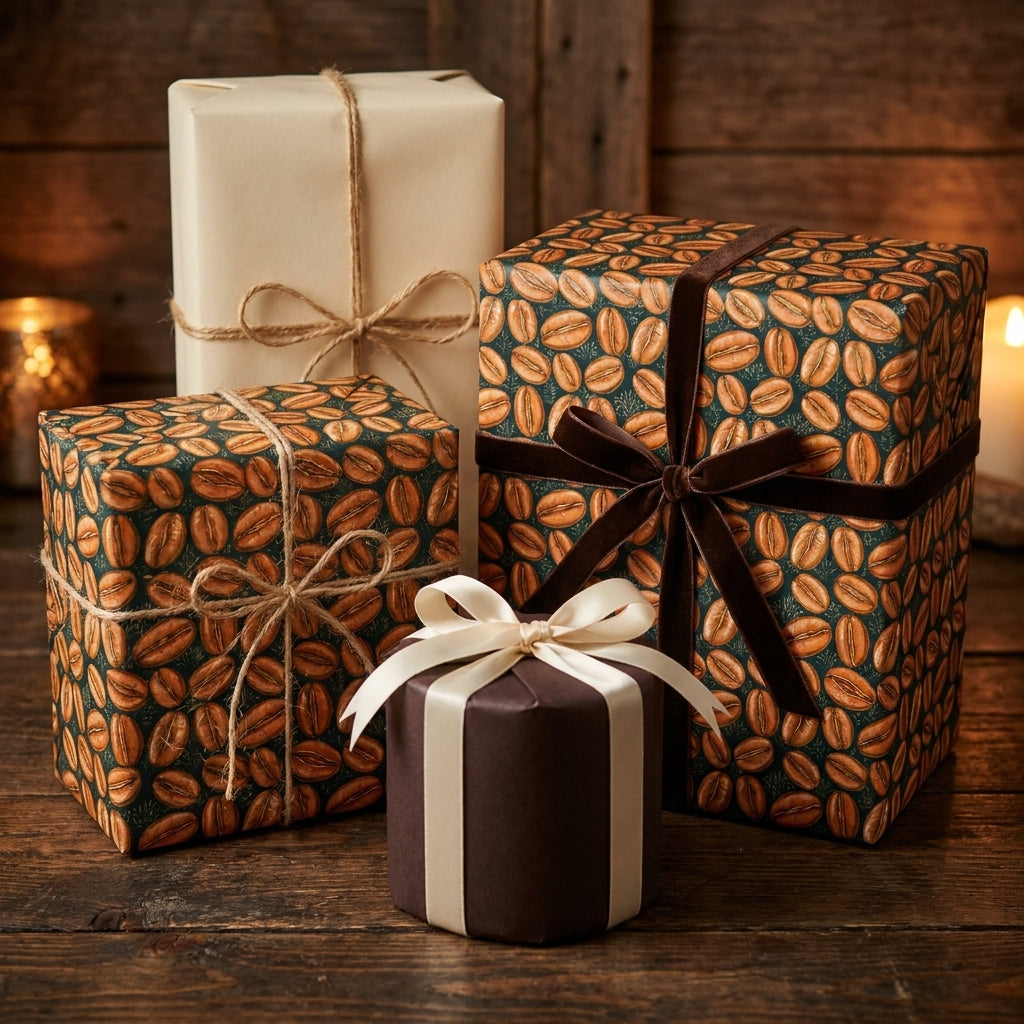 Coffee bean wrapping paper with velvet ribbon on rustic gifts by Wrapped Studios.