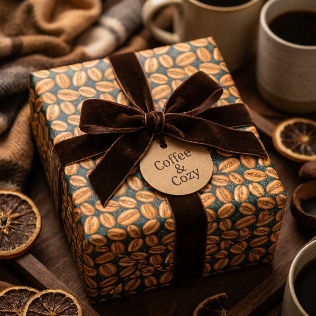 Cozy coffee bean wrapping paper with a brown velvet ribbon on a gift box by Wrapped Studios.