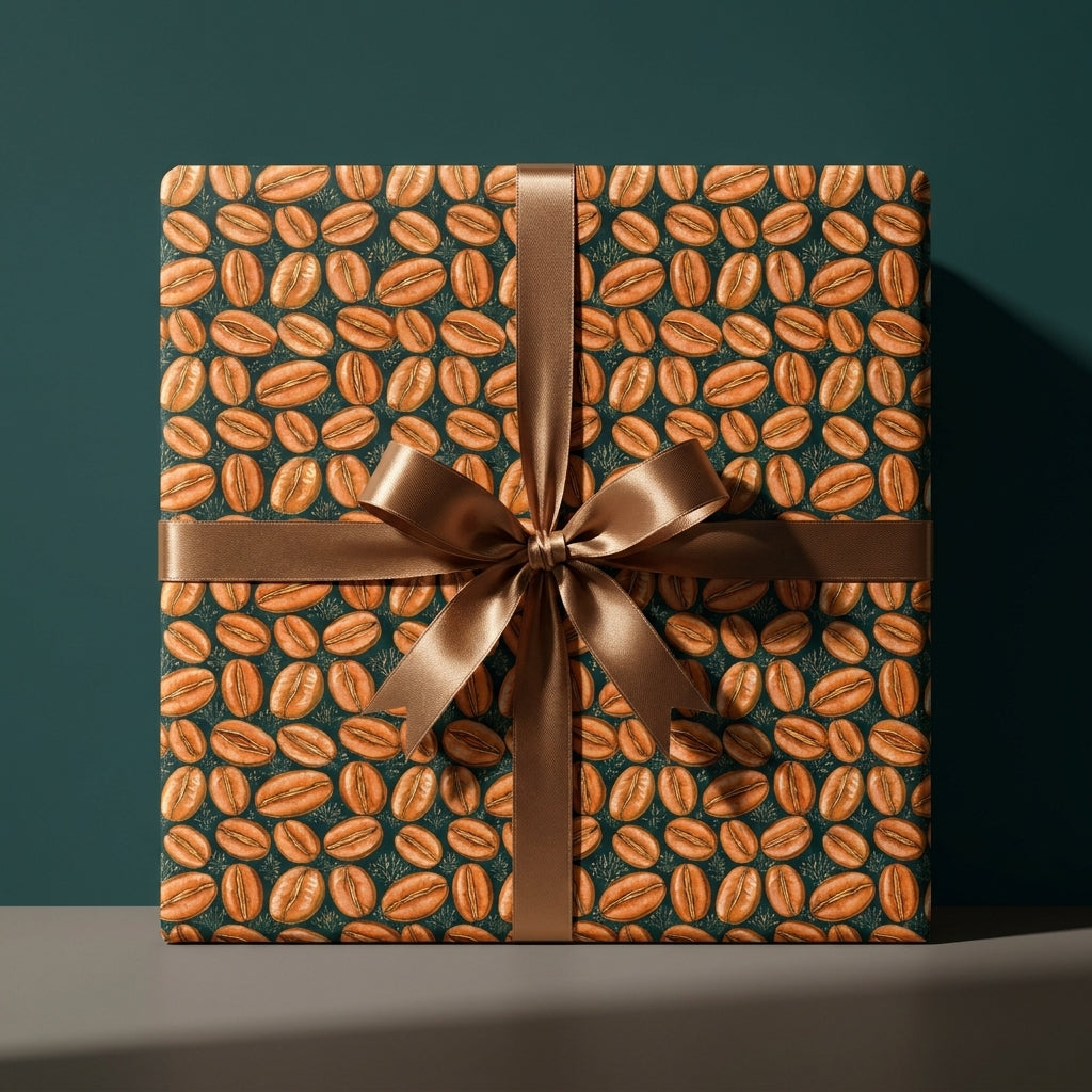Coffee bean wrapping paper with a brown satin bow on a gift box by Wrapped Studios.