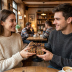 Couple exchanging a gift in coffee bean wrapping paper with brown ribbon at a cozy cafe by Wrapped Studios.