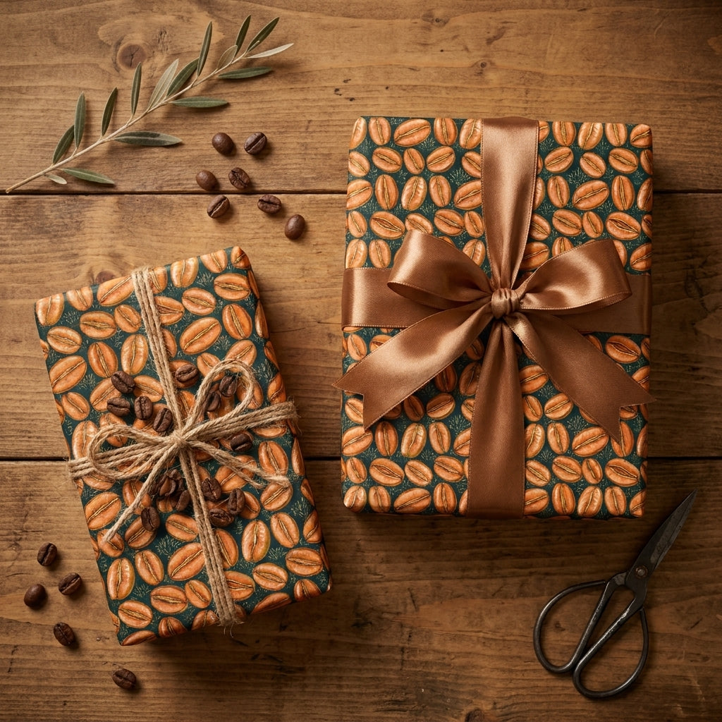 Coffee bean wrapping paper on gifts with satin ribbon and twine, by Wrapped Studios.