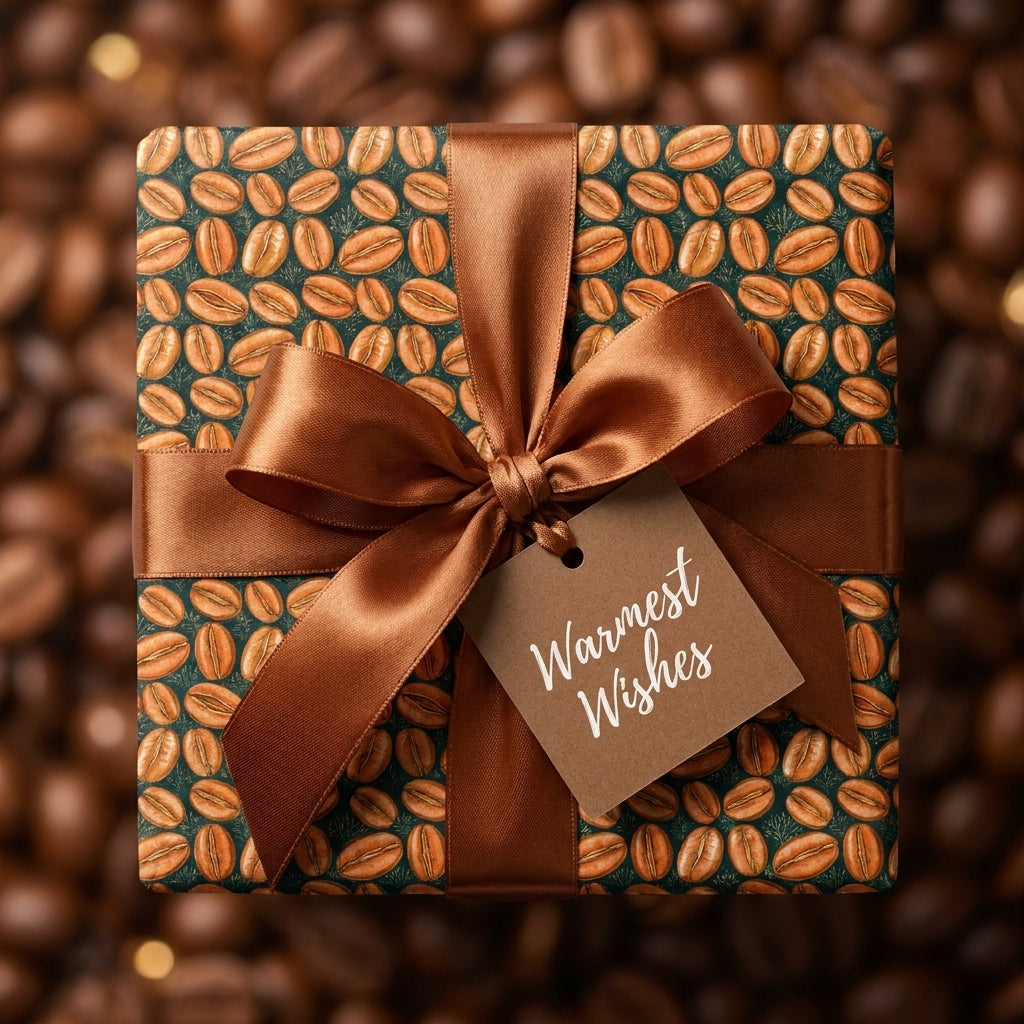 Coffee bean wrapping paper with a brown satin bow and Warmest Wishes tag by Wrapped Studios.