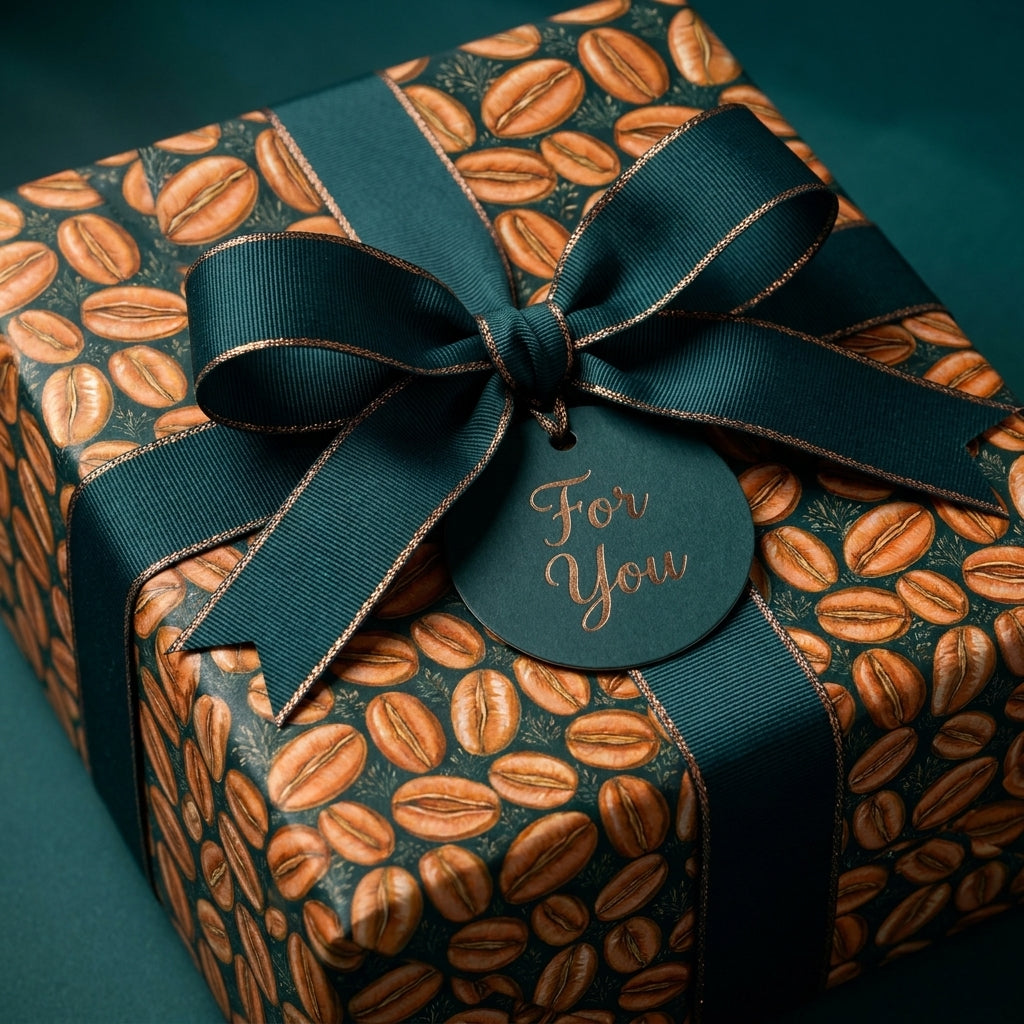 Coffee bean wrapping paper with luxury green ribbon and 'For You' tag by Wrapped Studios.