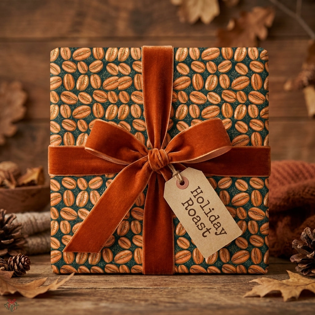 Coffee bean wrapping paper with rust velvet ribbon on a cozy holiday gift by Wrapped Studios.