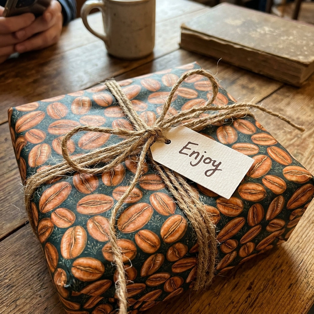 Coffee bean wrapping paper by Wrapped Studios on a gift tied with rustic twine and an Enjoy tag.