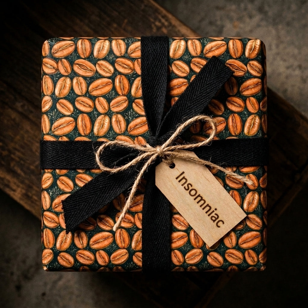 Coffee bean wrapping paper with a black ribbon and rustic tag by Wrapped Studios.