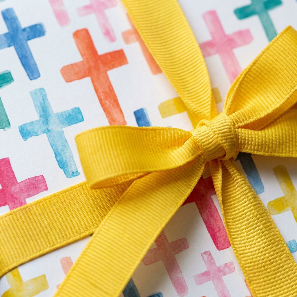 Christian baptism wrapping paper with colorful watercolor crosses and a yellow ribbon by Wrapped Studios.