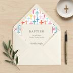 Watercolor cross wrapping paper used as a baptism invitation envelope liner by Wrapped Studios.