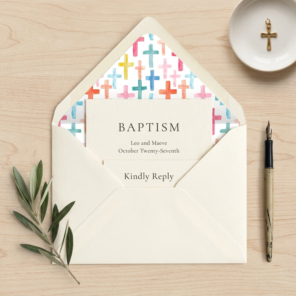 Watercolor cross wrapping paper used as a baptism invitation envelope liner by Wrapped Studios.