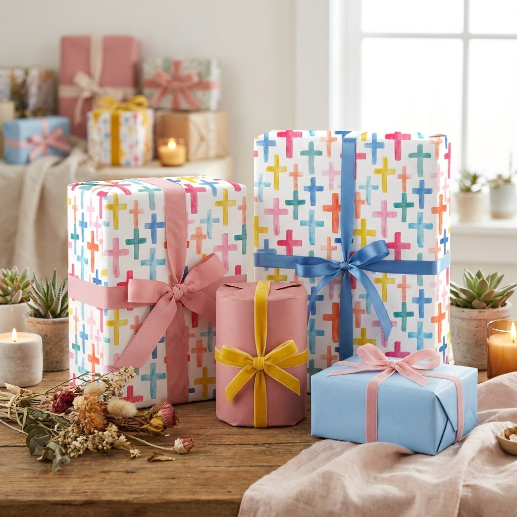 Colorful watercolor cross wrapping paper for baptism, first communion, and Easter gifts by Wrapped Studios.
