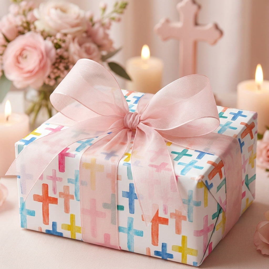 Watercolor cross wrapping paper with a sheer pink bow for baptism and christening, by Wrapped Studios.