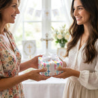 First communion gift wrap with colorful watercolor crosses on a present, by Wrapped Studios.