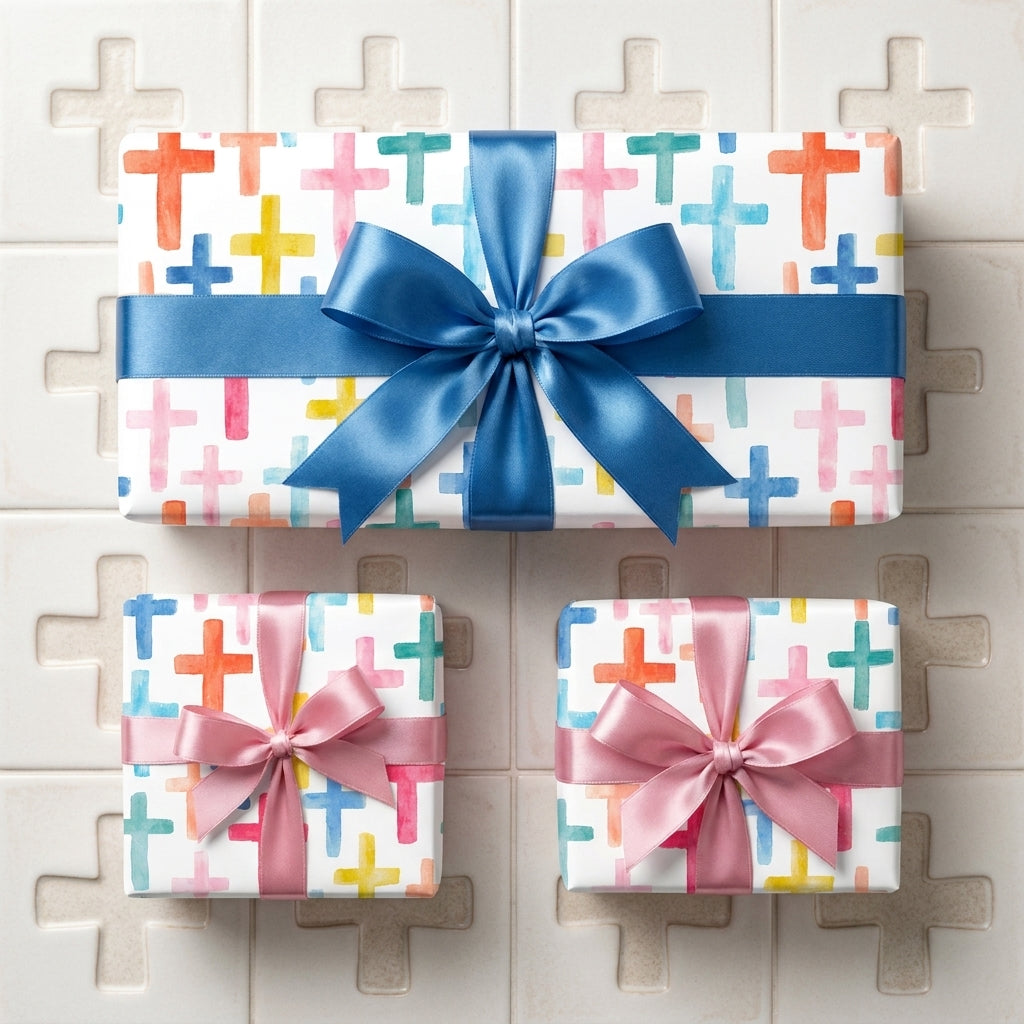 Watercolor cross wrapping paper with satin bows for baptism and christening gifts by Wrapped Studios.