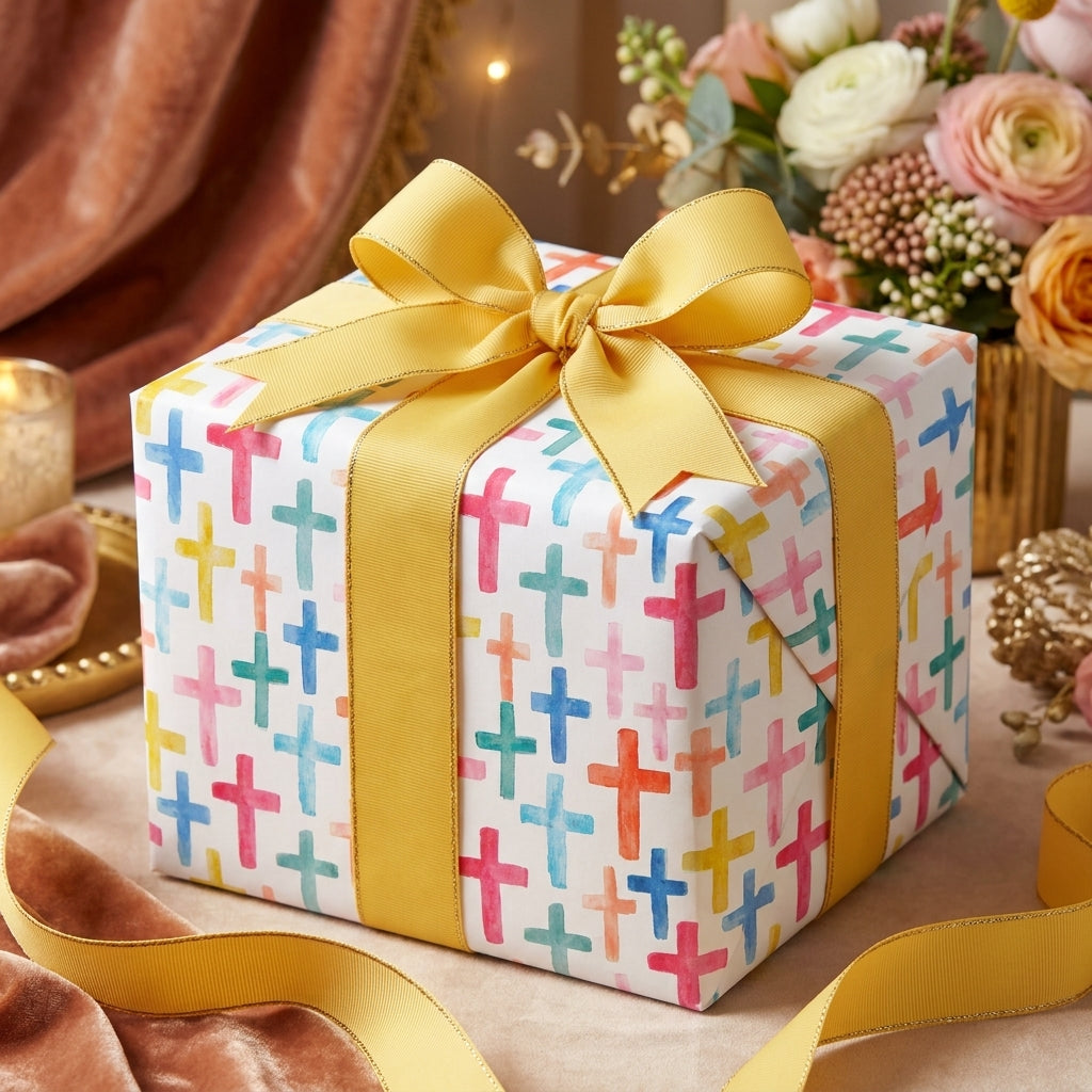 Pastel watercolor cross baptism wrapping paper with a yellow ribbon by Wrapped Studios.