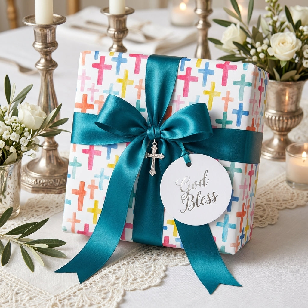 Baptism wrapping paper with colorful watercolor crosses and a teal ribbon by Wrapped Studios.