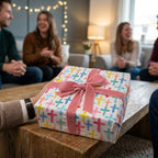 Colorful watercolor cross wrapping paper with a pink velvet ribbon by Wrapped Studios, ideal for a baptism.