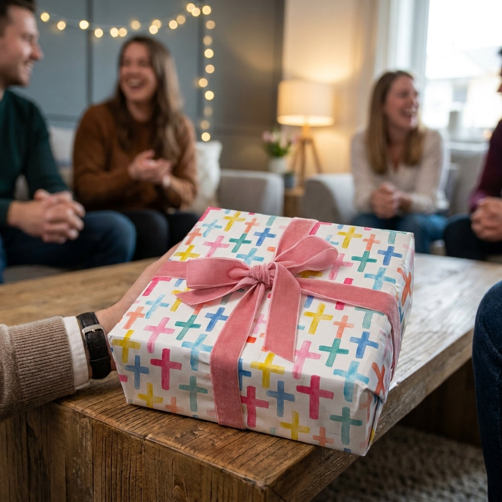 Colorful watercolor cross wrapping paper with a pink velvet ribbon by Wrapped Studios, ideal for a baptism.