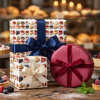 Cake-themed birthday wrapping paper with blue and cream ribbon, plus a round pink gift.