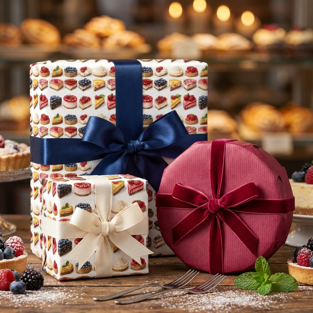 Cake-themed birthday wrapping paper with blue and cream ribbon, plus a round pink gift.
