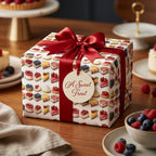 Gift box in dessert print wrapping paper with red bow. A Sweet Treat tag.