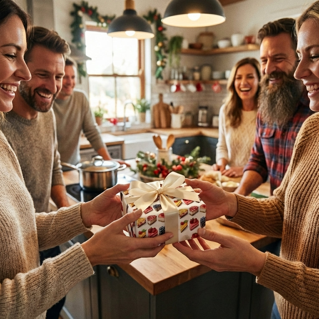 Giving a gift wrapped in cake slice print paper. Gift has a cream ribbon.