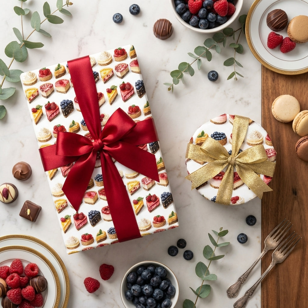 Gifts wrapped in dessert-themed wrapping paper with red and gold bows and bowls of fresh berries.