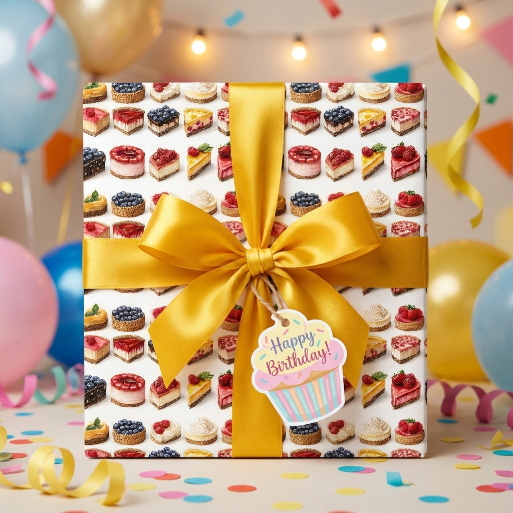 Birthday wrapping paper from Wrapped Studios featuring a cake pattern and gold ribbon.