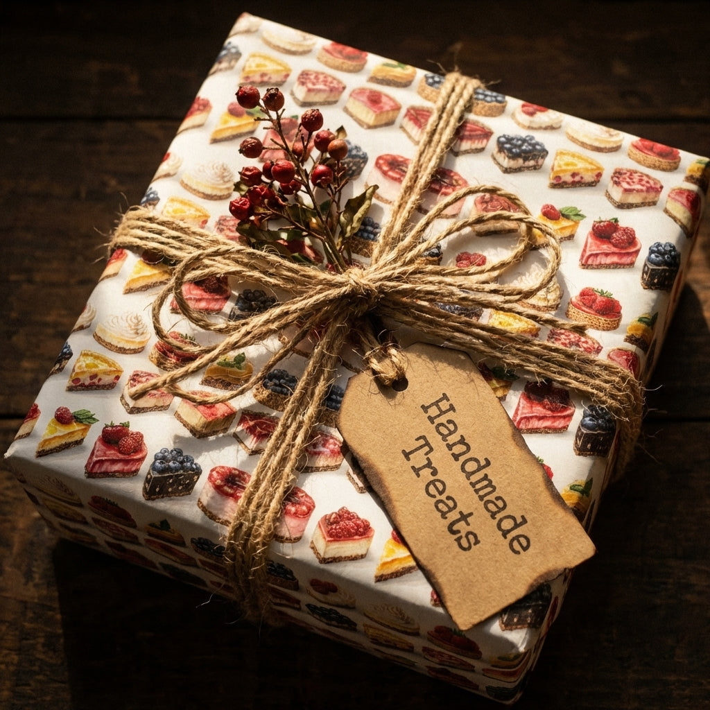 Gift wrapped in "Handmade Treats" wrapping paper with twine bow and berry sprig, on dark wood table.