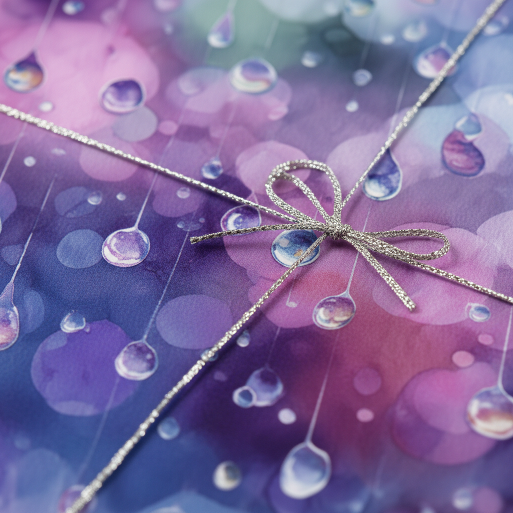 Elegant gift with purple raindrop wrapping paper and a shiny silver ribbon.