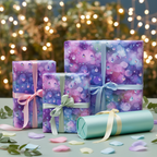 Elegant gift wrap with a purple watercolor pattern, tied with ribbons and perfect for birthdays or any celebration.