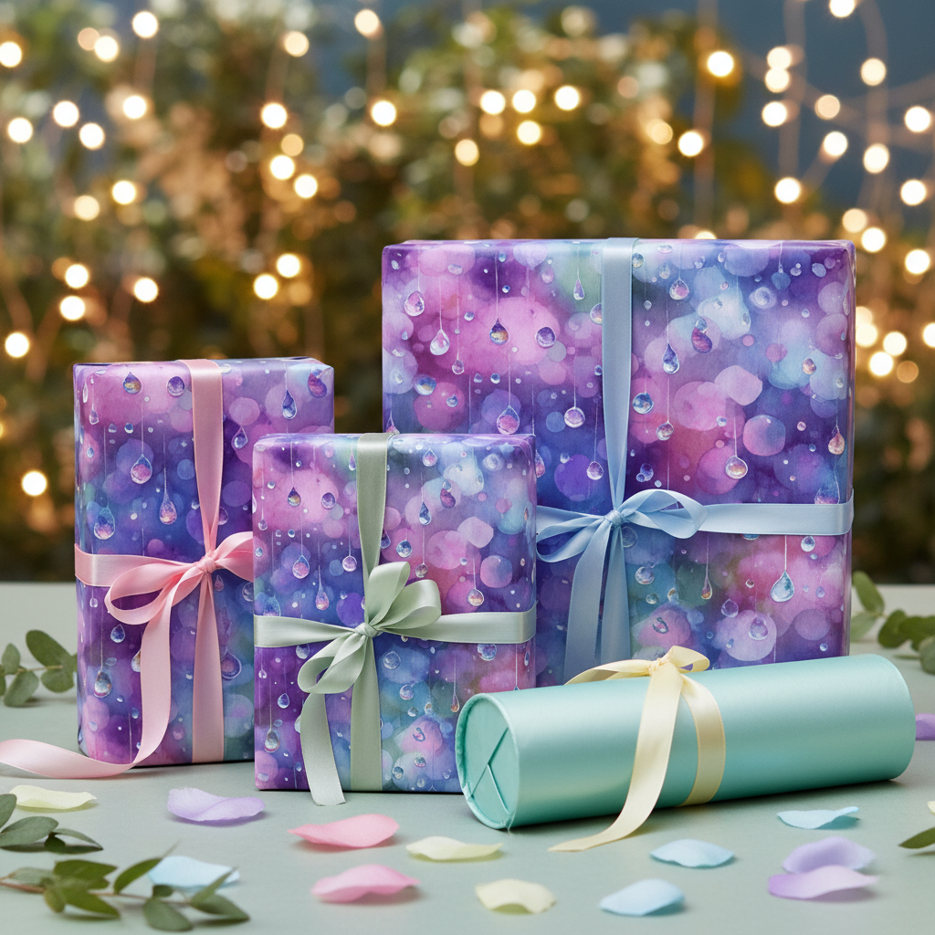 Elegant gift wrap with a purple watercolor pattern, tied with ribbons and perfect for birthdays or any celebration.