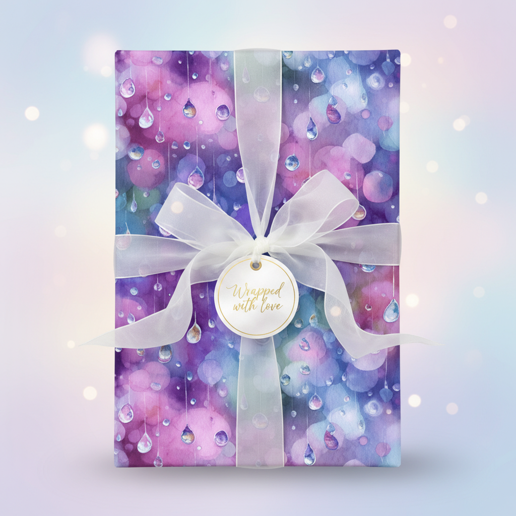 Elegant gift wrapped in purple watercolor wrapping paper with sheer white ribbon and "Wrapped with love" tag.