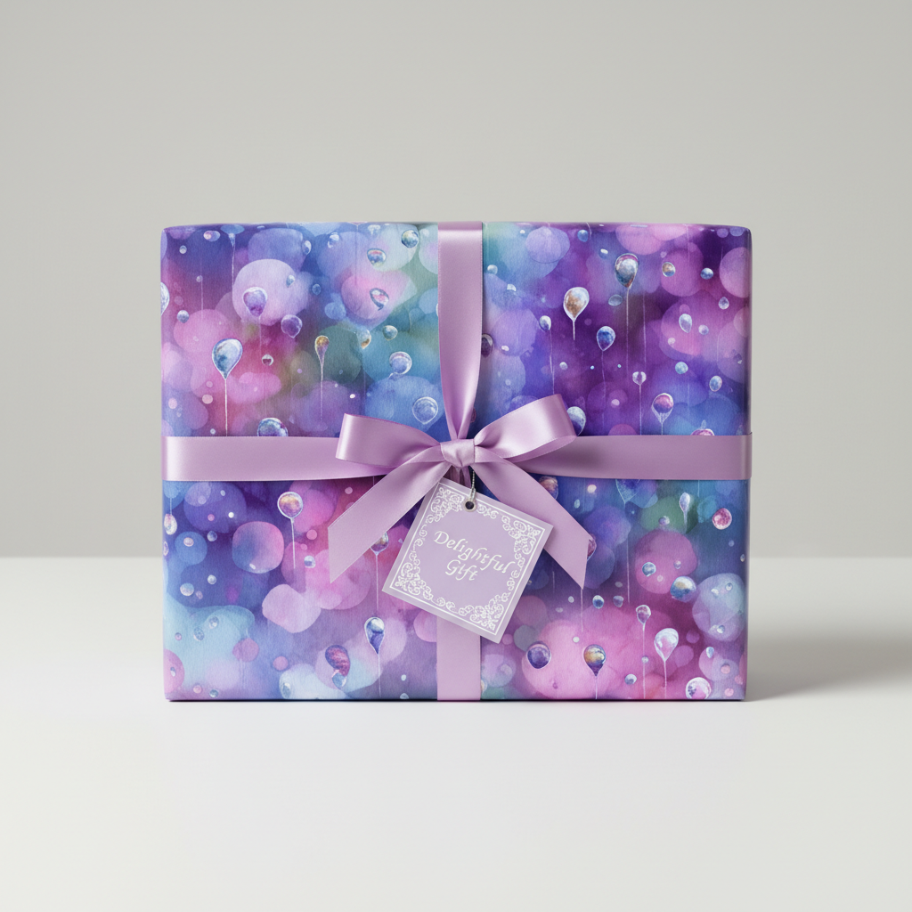 Gift wrapped in elegant purple balloon-patterned wrapping paper with ribbon and tag.