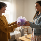 Two women exchanging a gift wrapped in purple floral wrapping paper with a large lavender bow.